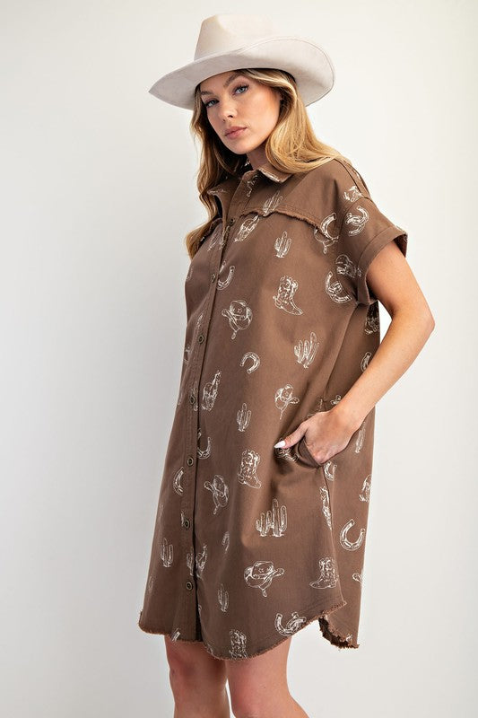 Western Printed Washed Twill Shirt Dress By Easel
