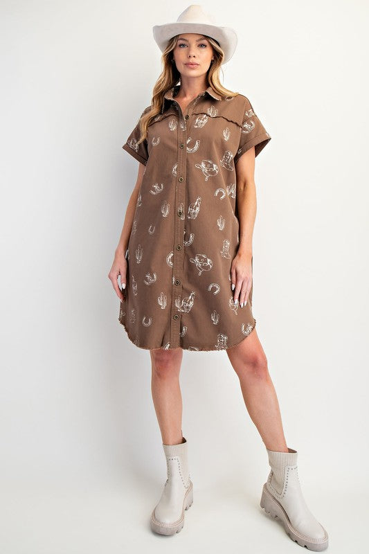 Western Printed Washed Twill Shirt Dress By Easel