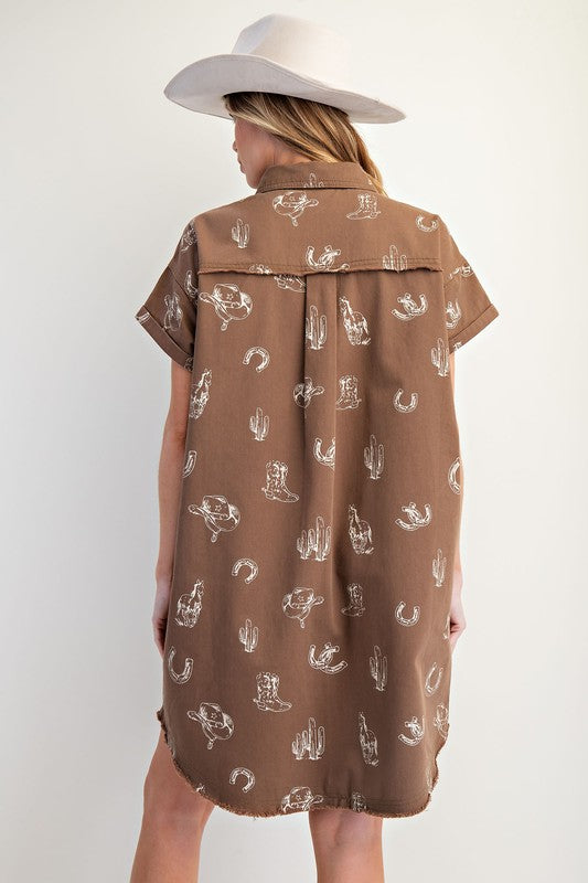 Western Printed Washed Twill Shirt Dress By Easel