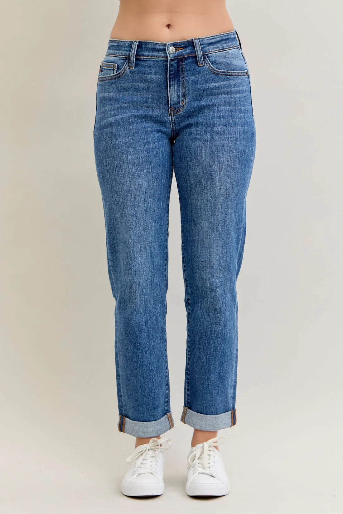 Judy Blue Mid Rise Classic Cuffed Boyfriend Denim Jeans 82685