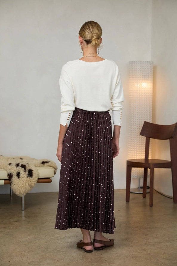 Brown pleated midi skirt with white polka dots