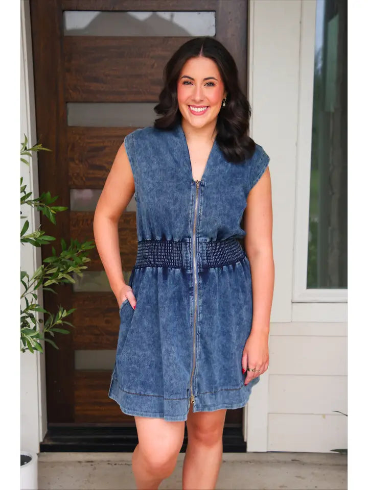 Refined Denim Zipper Dress- Light Wash