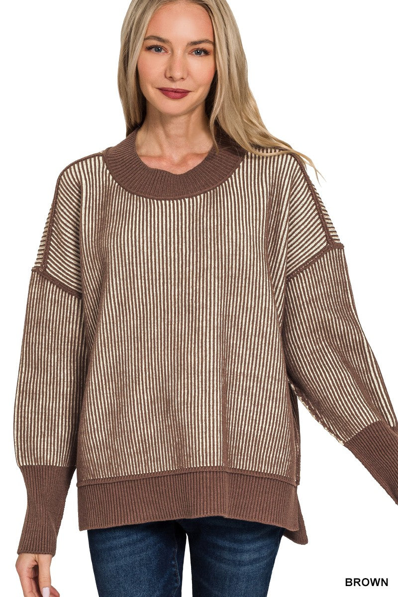 Exposed Seam Two Tone Sweater By Zenana