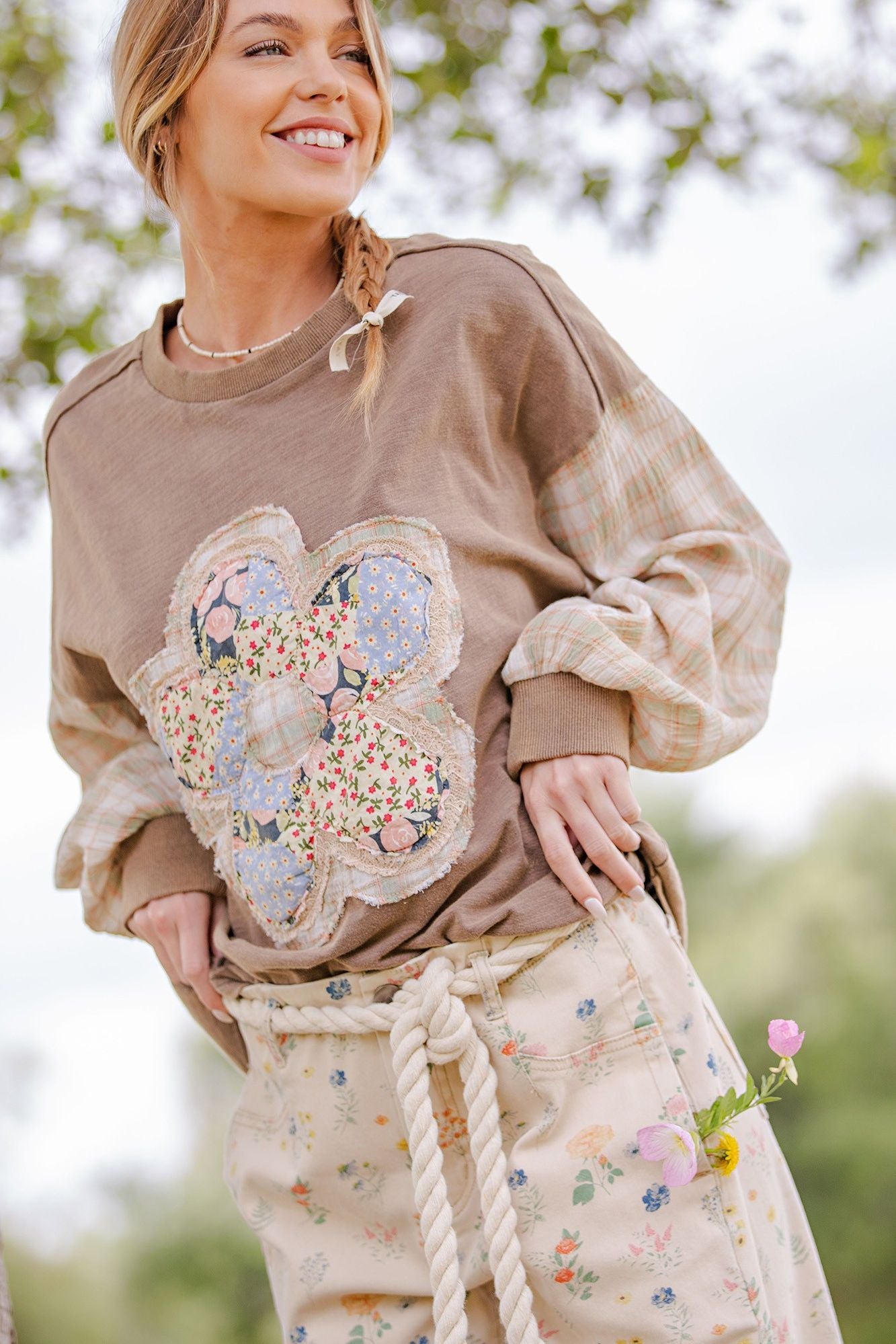 Flower Patch Front Washed Cotton Top By Easel
