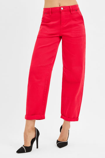 Red High Rise Ankle Cuffed Barrel Pants By Risen Jeans