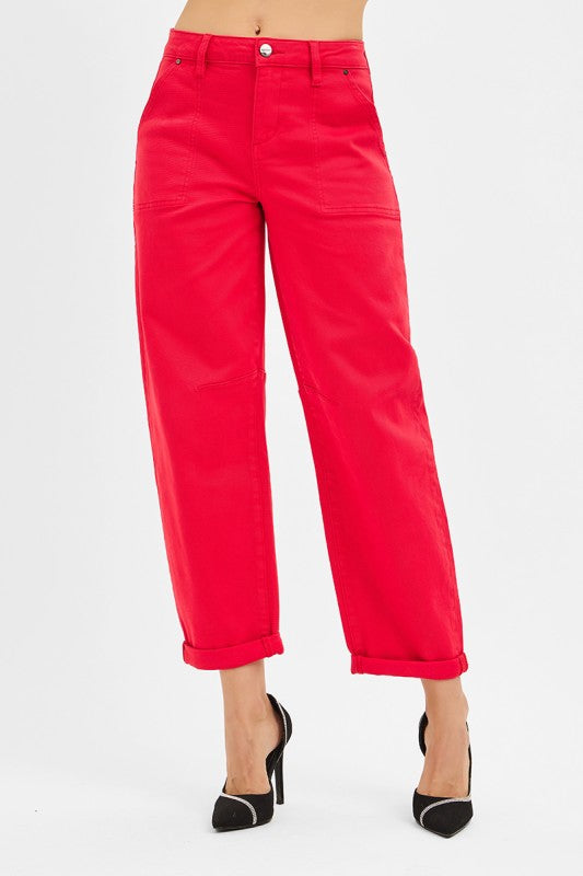 Red High Rise Ankle Cuffed Barrel Pants By Risen Jeans
