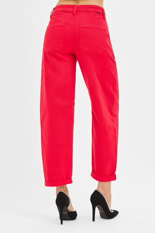 Red High Rise Ankle Cuffed Barrel Pants By Risen Jeans