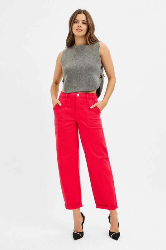 Red High Rise Ankle Cuffed Barrel Pants By Risen Jeans