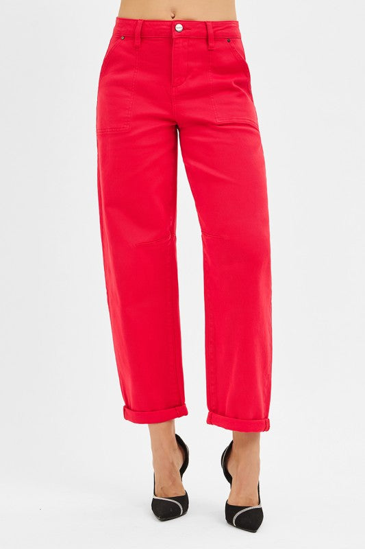 Red High Rise Ankle Cuffed Barrel Pants By Risen Jeans