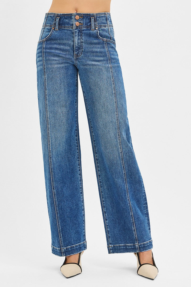 RISEN mid rise wide baggy jeans in medium wash stretch denim