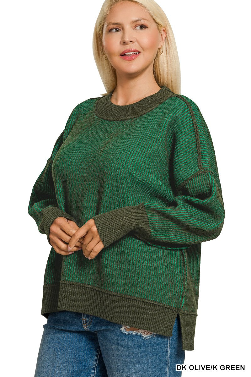 Plus Size Exposed Seam Two-tone Sweater By Zenana