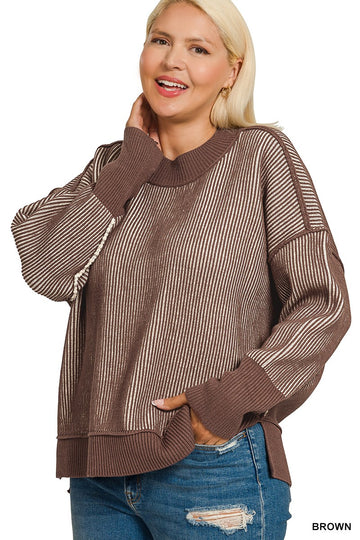 Plus Size Exposed Seam Two-tone Sweater By Zenana