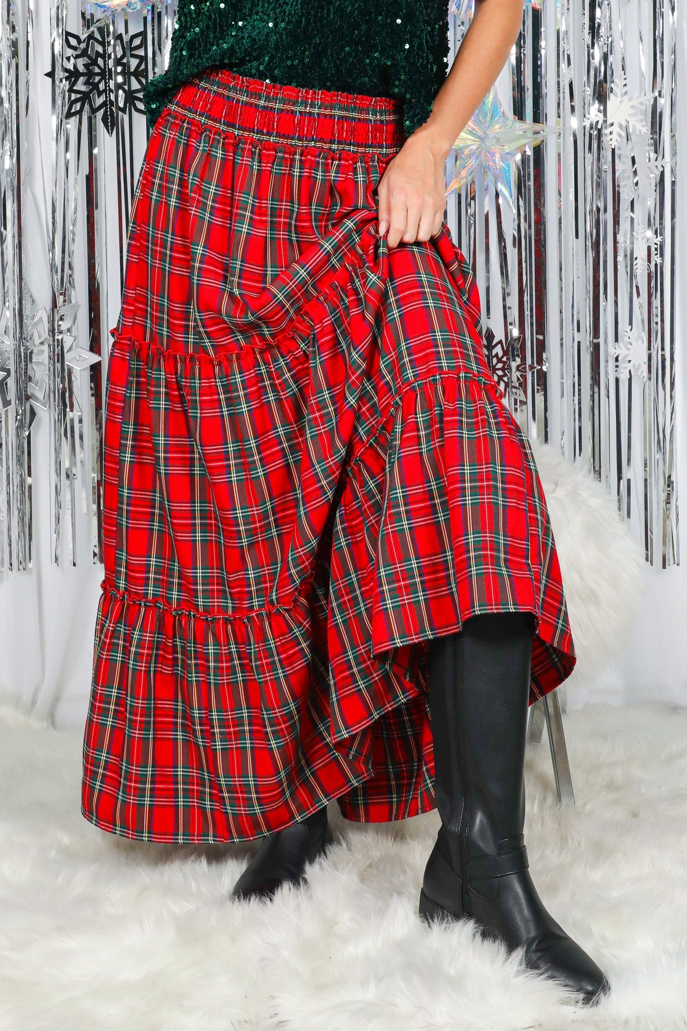 Flowy Plaid Bohemian Tiered Maxi Skirt