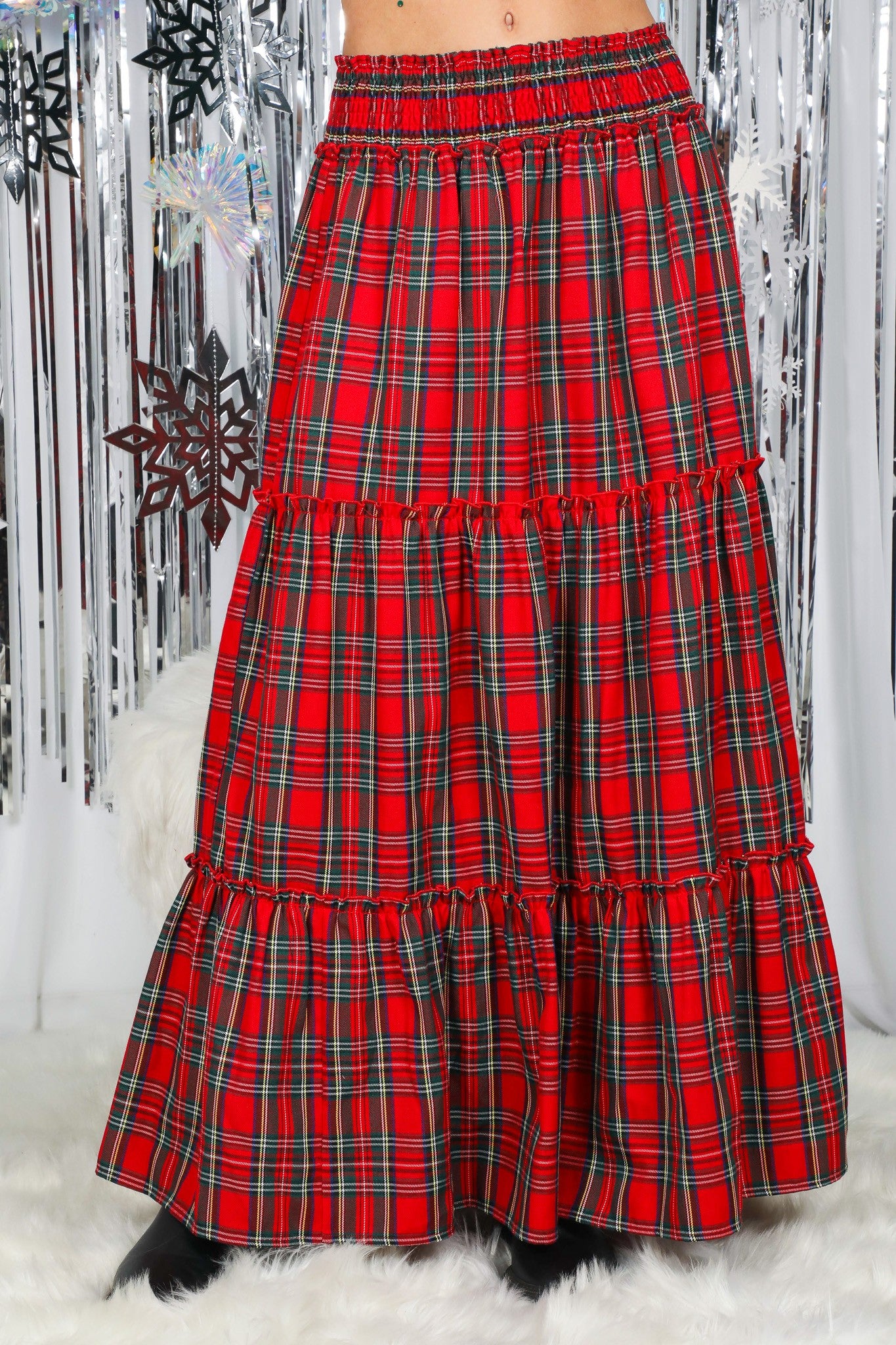 Flowy Plaid Bohemian Tiered Maxi Skirt