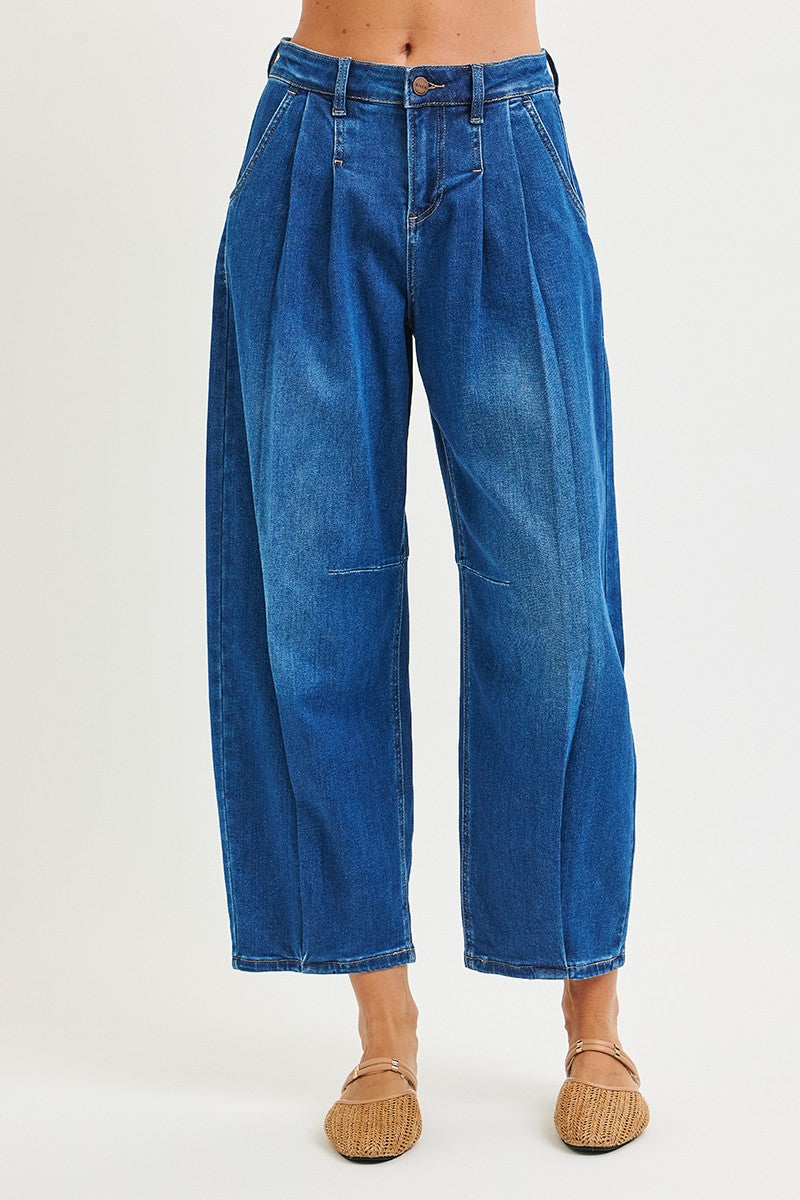 Full Run Dark Wash Slouchy Crop Wide Volume Leg Jeans By Risen