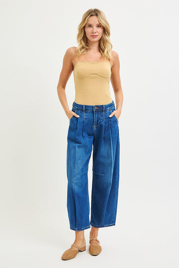 Full Run Dark Wash Slouchy Crop Wide Volume Leg Jeans By Risen