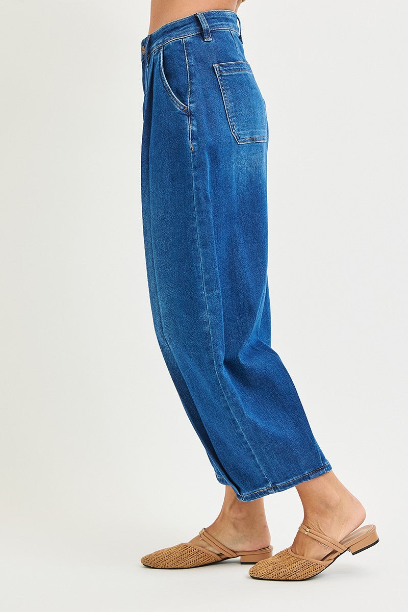 Full Run Dark Wash Slouchy Crop Wide Volume Leg Jeans By Risen