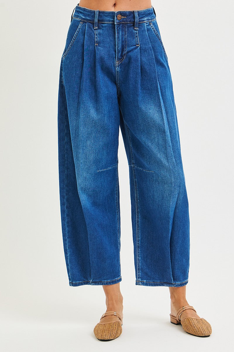 Full Run Dark Wash Slouchy Crop Wide Volume Leg Jeans By Risen