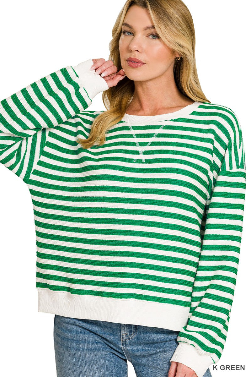 Cozy Pullover by Zenana in green and ivory stripes with a relaxed oversized silhouette and ribbed knit design