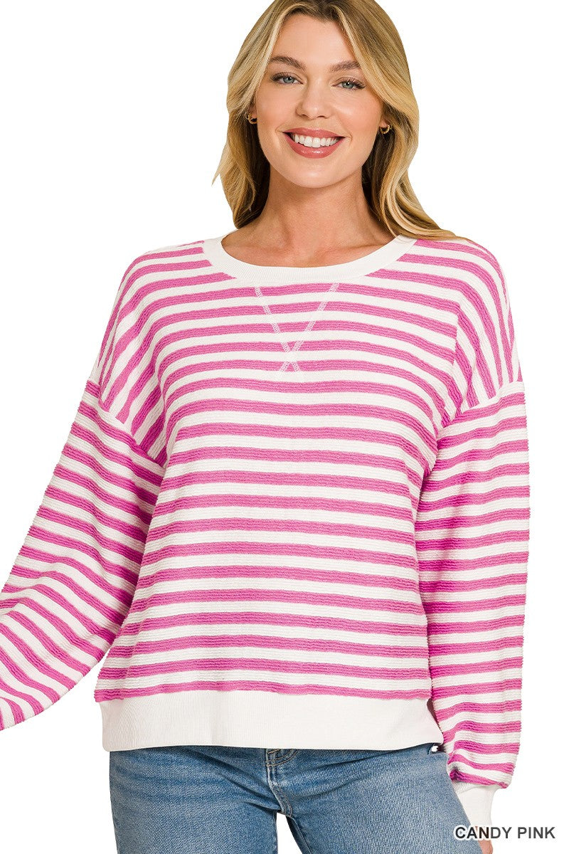 Pink and white Stripe Cozy Pullover by Zenana in pink and ivory stripes featuring a relaxed fit, ribbed knit fabric, and long sleeveswneck 
