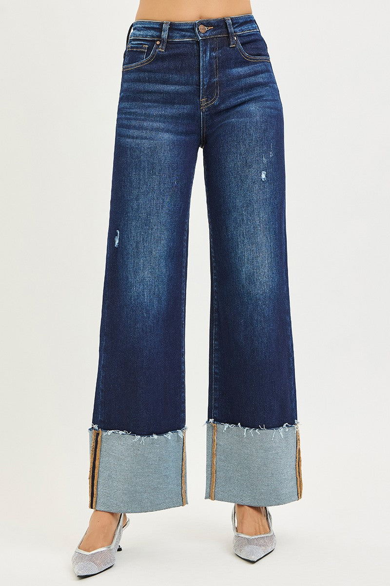R/D High Rise Ankle Wide Cuffed Jeans By Risen