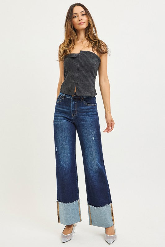 R/D High Rise Ankle Wide Cuffed Jeans By Risen