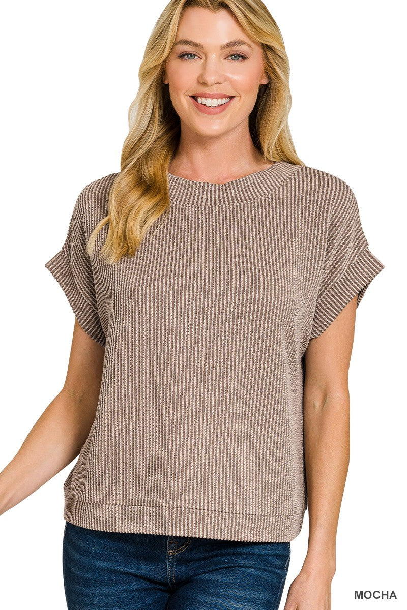 Raised Rib Cap Sleeve Top By Zenana