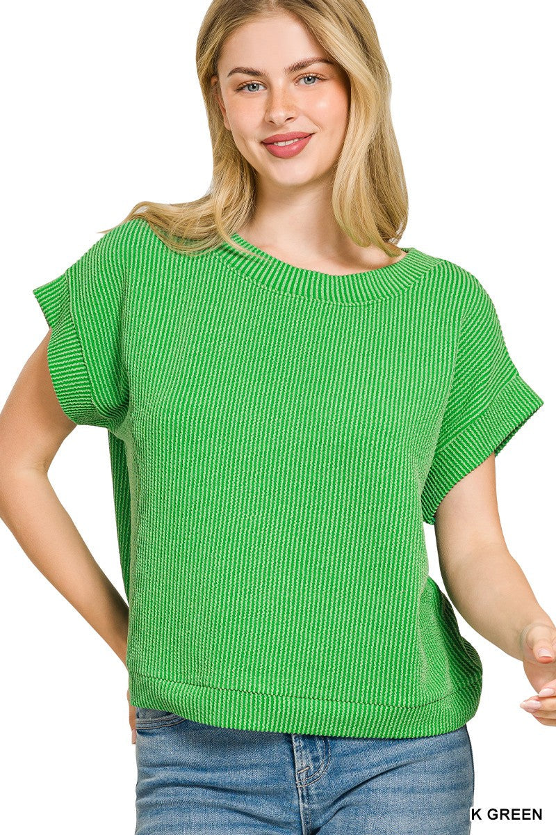 Women’s Kelly green textured ribbed short sleeve top with round neckline, cuffed sleeves, relaxed fit, and side slit detail.