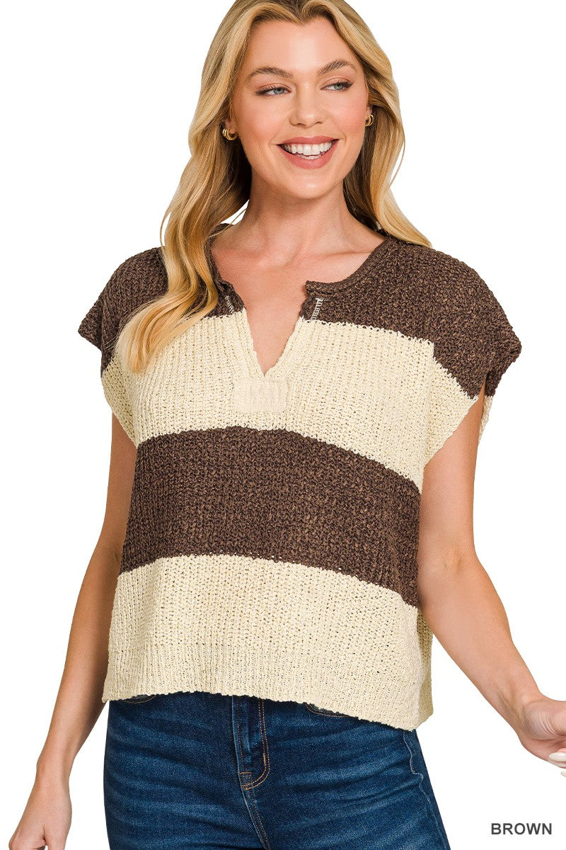 Brown: Women’s brown and cream striped short sleeve knit sweater top with split neckline and relaxed fit.