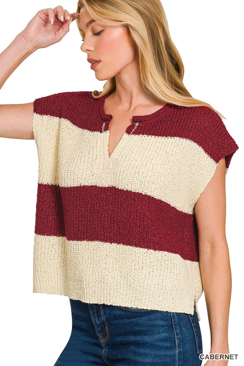 Cabernet: Women’s cabernet burgundy and cream striped short sleeve knit sweater top with split neckline and relaxed silhouette.