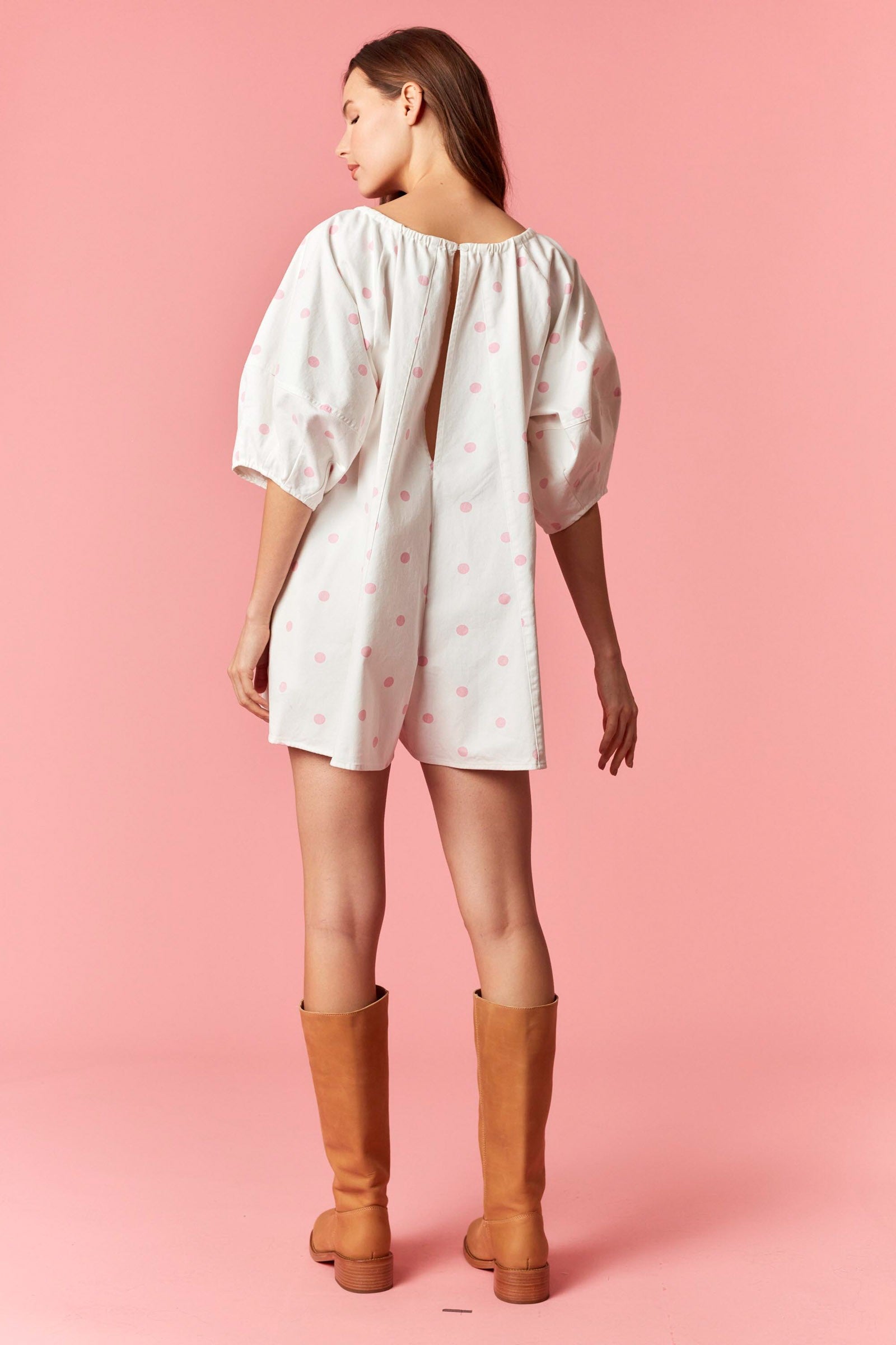 Strawberry Milk Dot Romper By Peach Love California- RUNS BIG