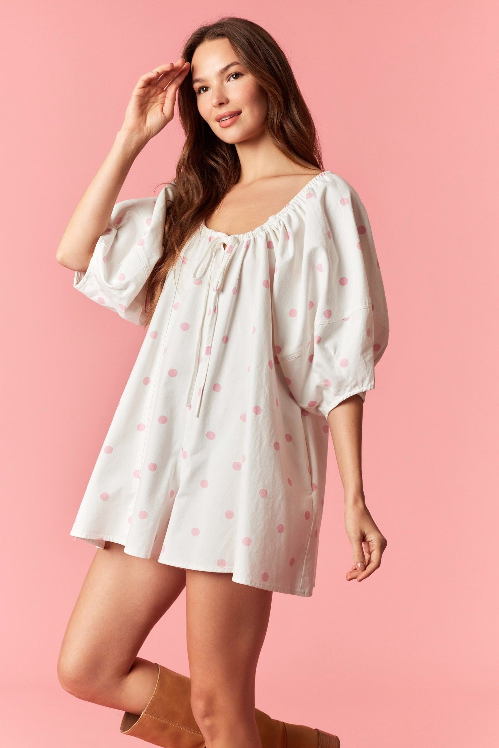 Strawberry Milk Dot Romper By Peach Love California- RUNS BIG