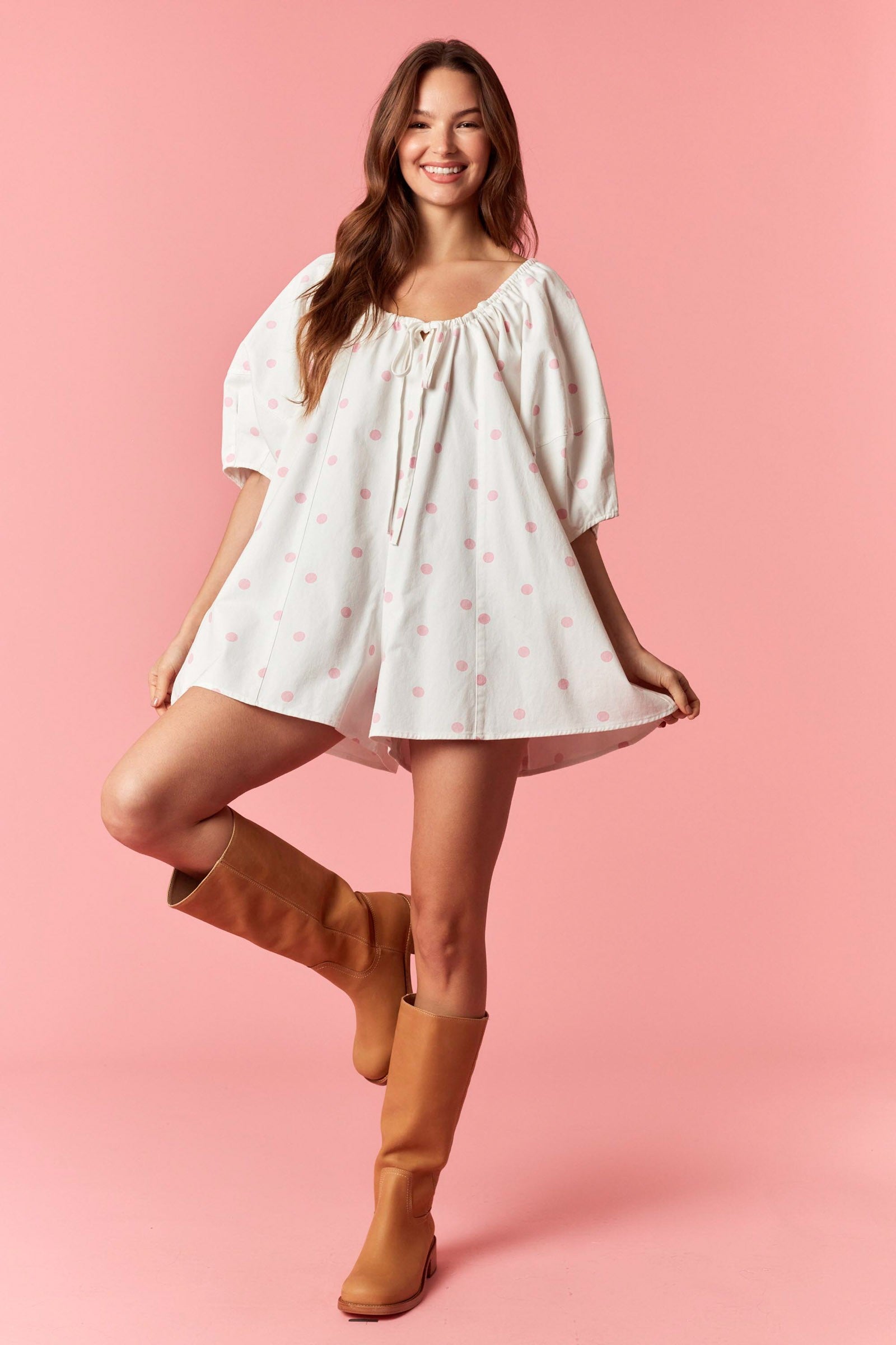 Strawberry Milk Dot Romper By Peach Love California- RUNS BIG