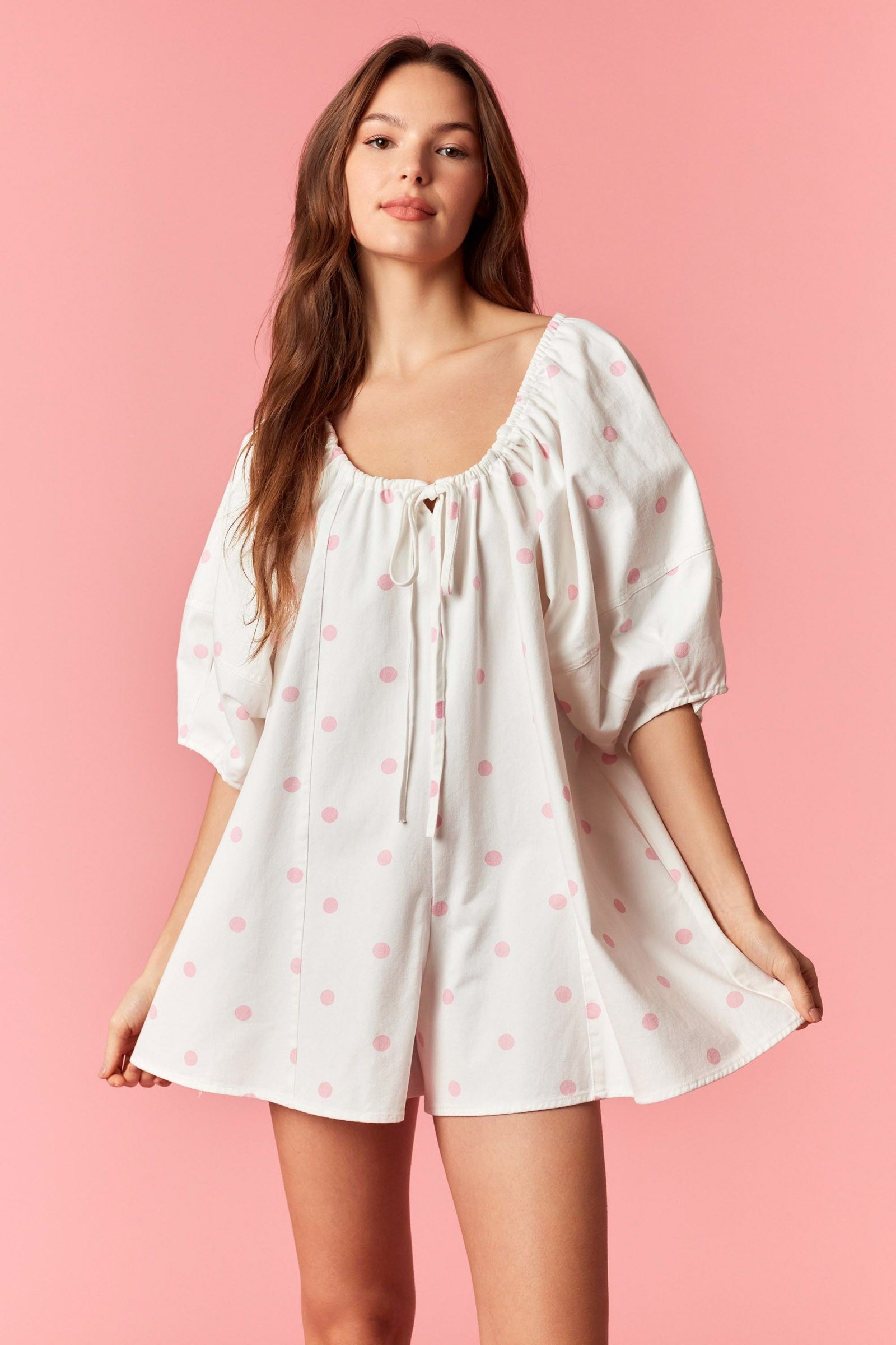 Strawberry Milk Dot Romper By Peach Love California- RUNS BIG