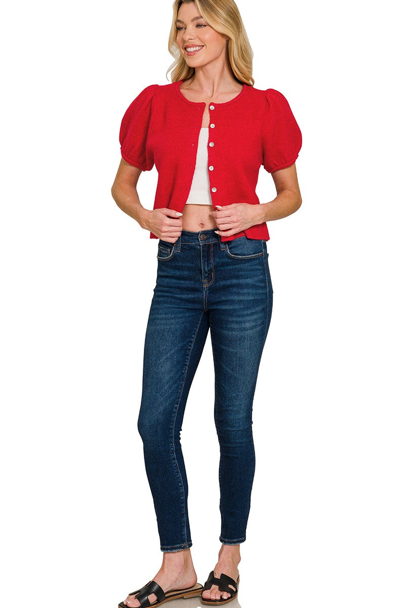 Full-length view of the Ruby Puff Sleeve Cardigan Sweater by Zenana paired with dark wash denim