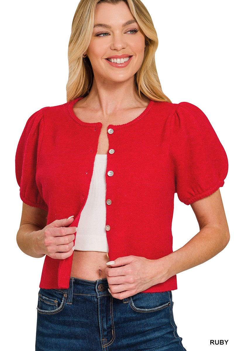 Ruby Puff Sleeve Cardigan Sweater by Zenana worn open as a lightweight cardigan over a basic top