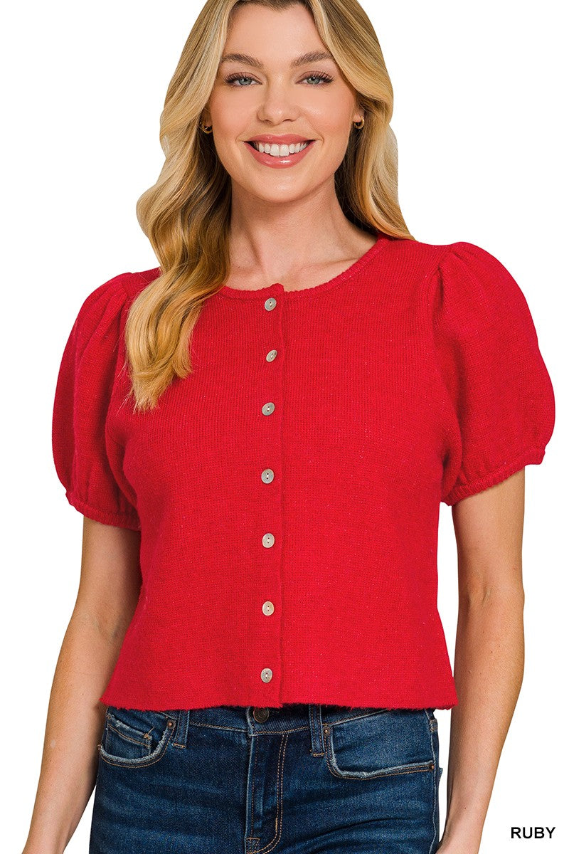 Ruby Puff Sleeve Cardigan Sweater by Zenana featuring a button front, puff sleeves, and lightweight knit fabric
