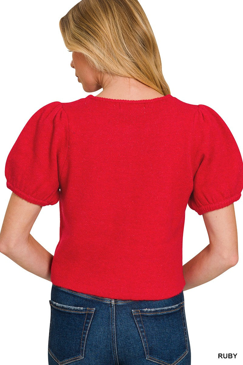 Back view of the Ruby Puff Sleeve Cardigan Sweater by Zenana showing the classic sweater knit design