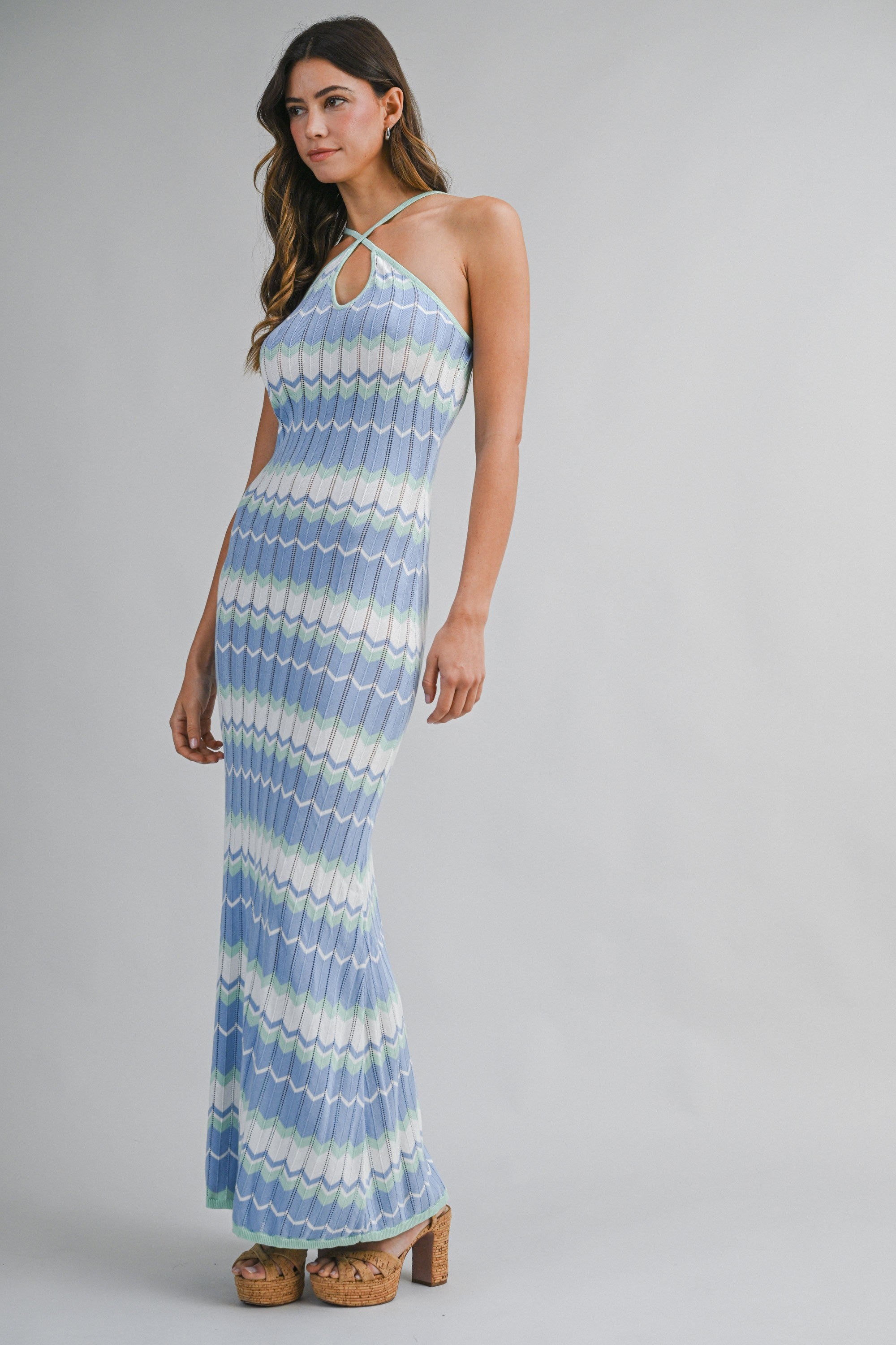 Women's sleeveless bodycon maxi dress with blue zigzag knit pattern
