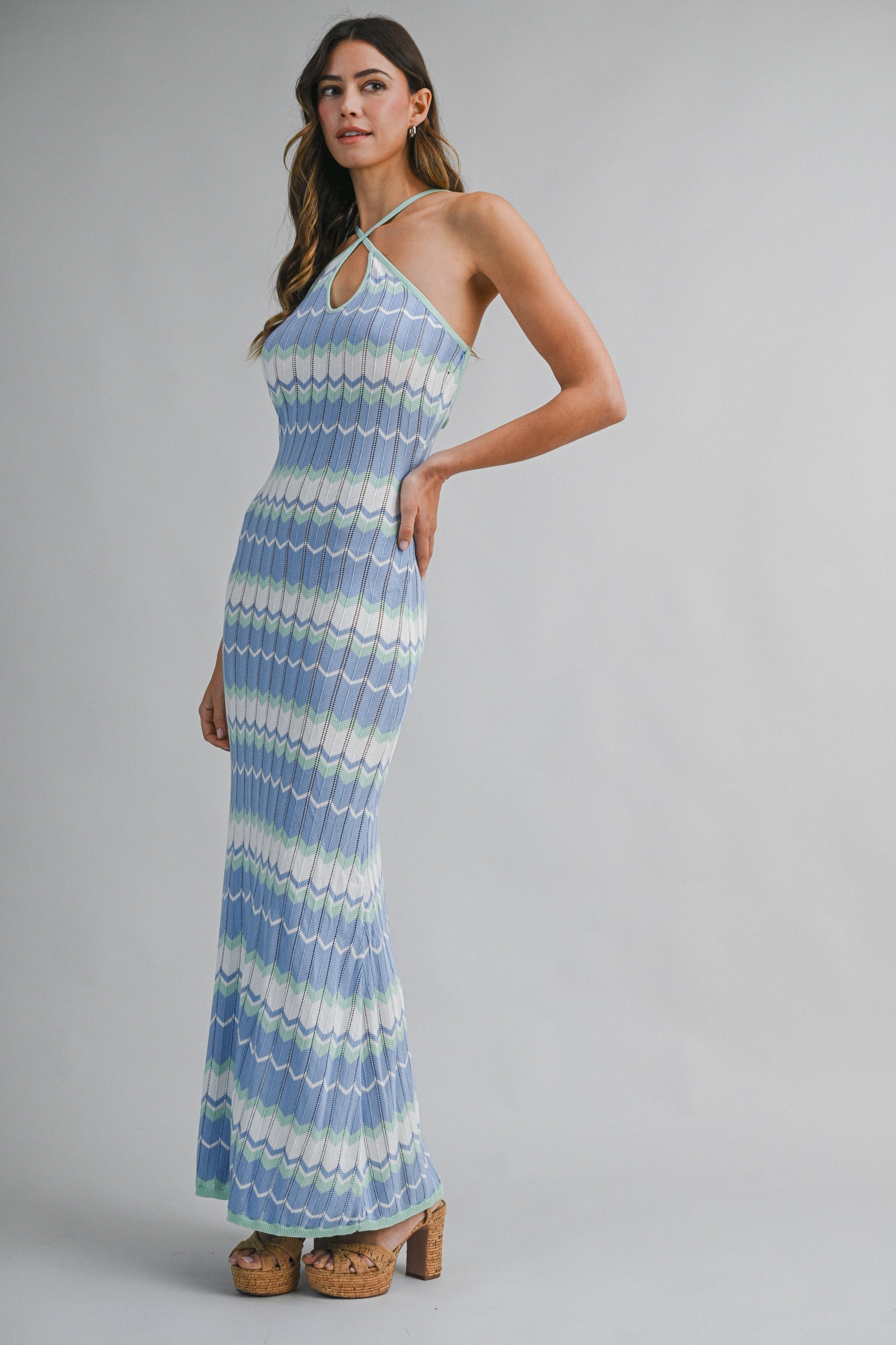 Coastal-inspired halter maxi dress for women in soft knit fabric