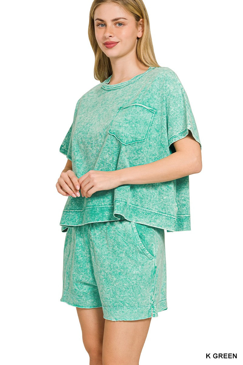 Halo Snow Washed Boxy Top & Shorts Set By Zenana