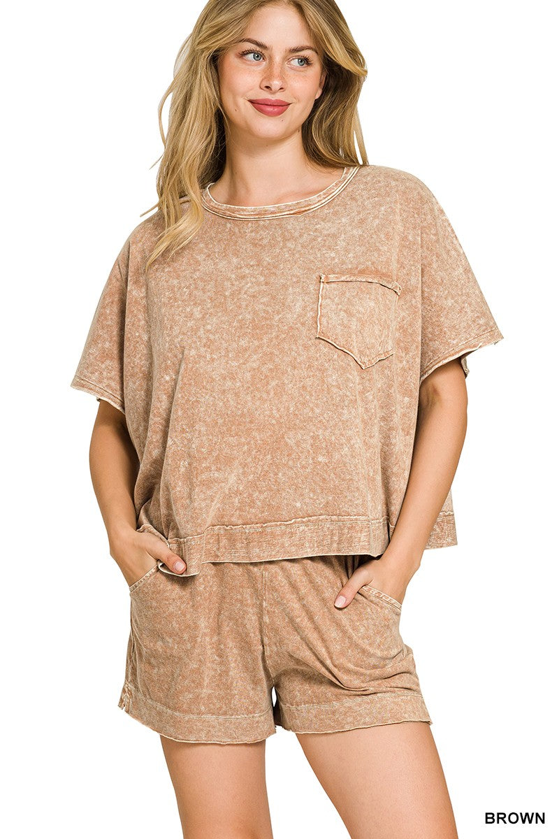Halo Snow Washed Boxy Top & Shorts Set By Zenana