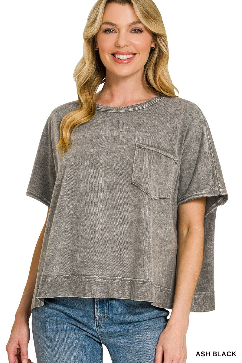 Halo Washed Oversized Top by Zenana in ash black with mineral washed cotton, chest pocket, and oversized fit