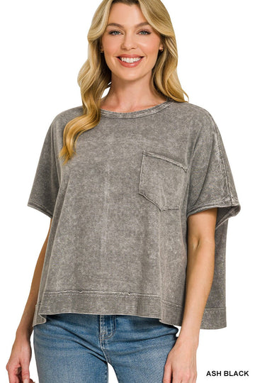 Halo Washed Oversized Top by Zenana in ash black with mineral washed cotton, chest pocket, and oversized fit