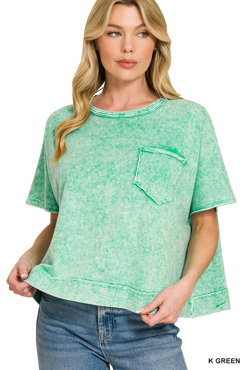 Halo Washed Oversized Top by Zenana in dark green with mineral washed cotton, raw edge details, and oversized fit