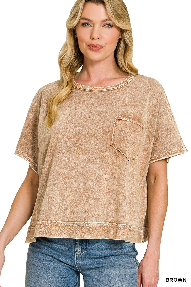 Halo Washed Oversized Top by Zenana in sand beige featuring a mineral washed finish, chest pocket, and relaxed oversized silhouette