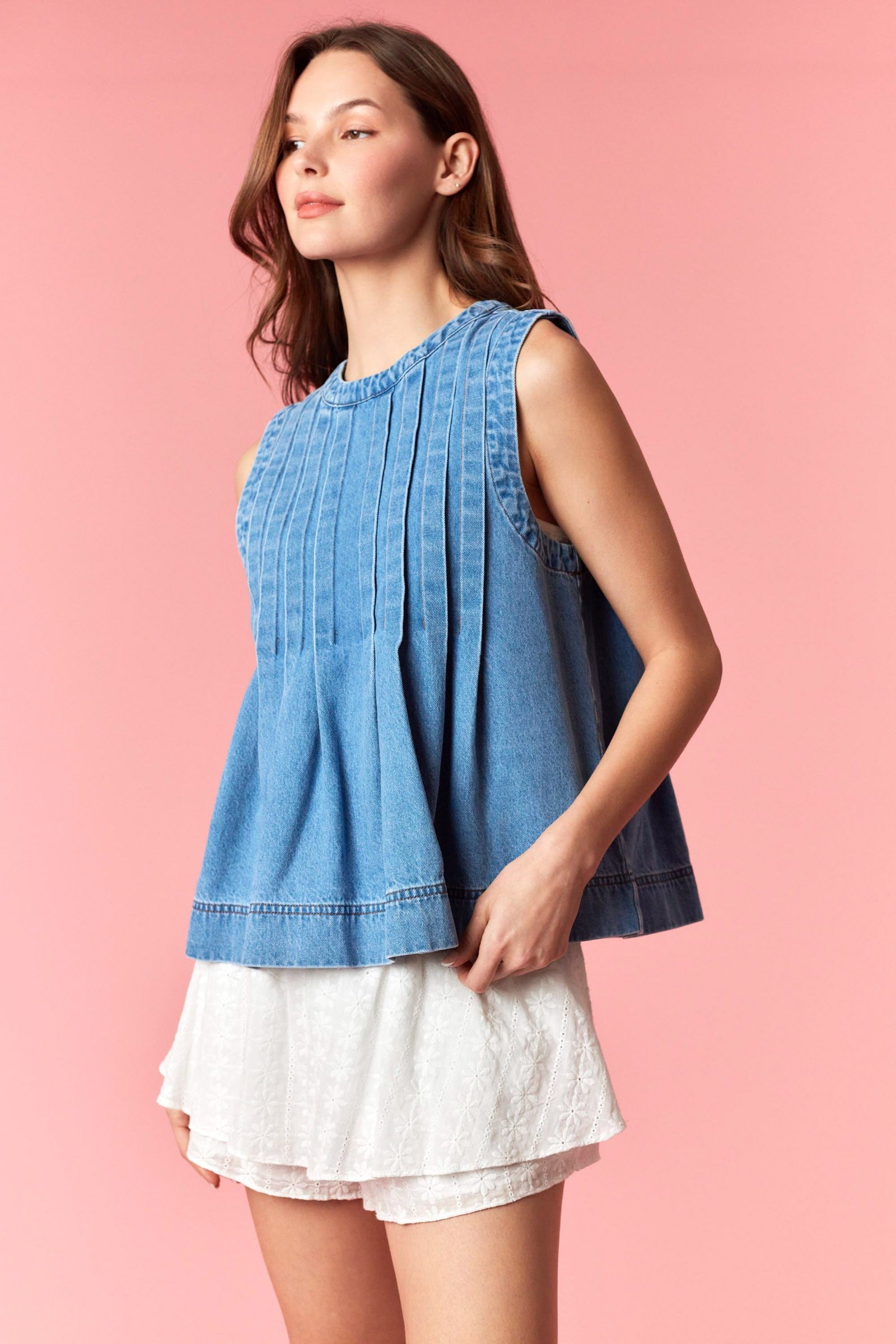 Sunlit Stroll Denim Top By Peach Love