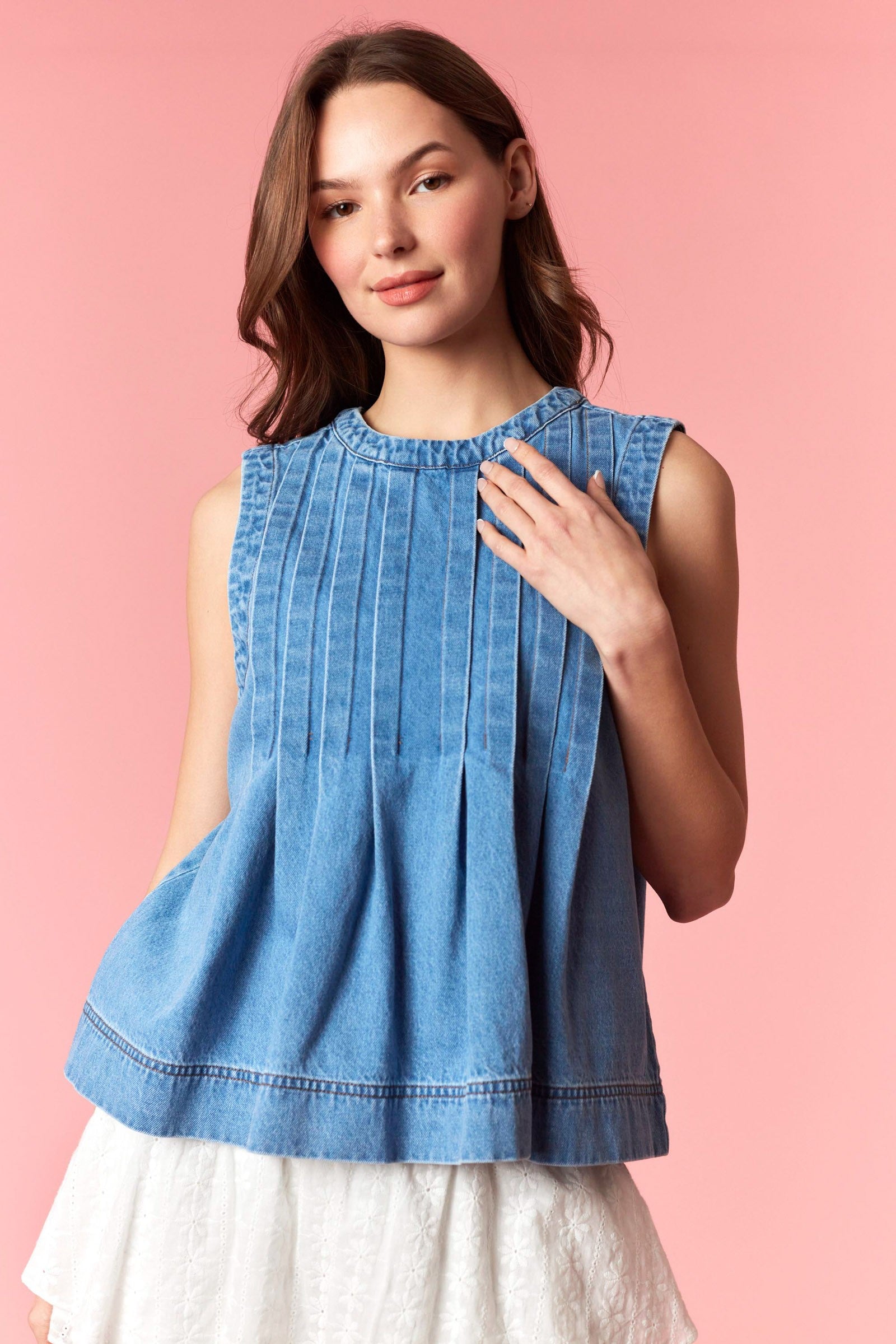Sunlit Stroll Denim Top By Peach Love
