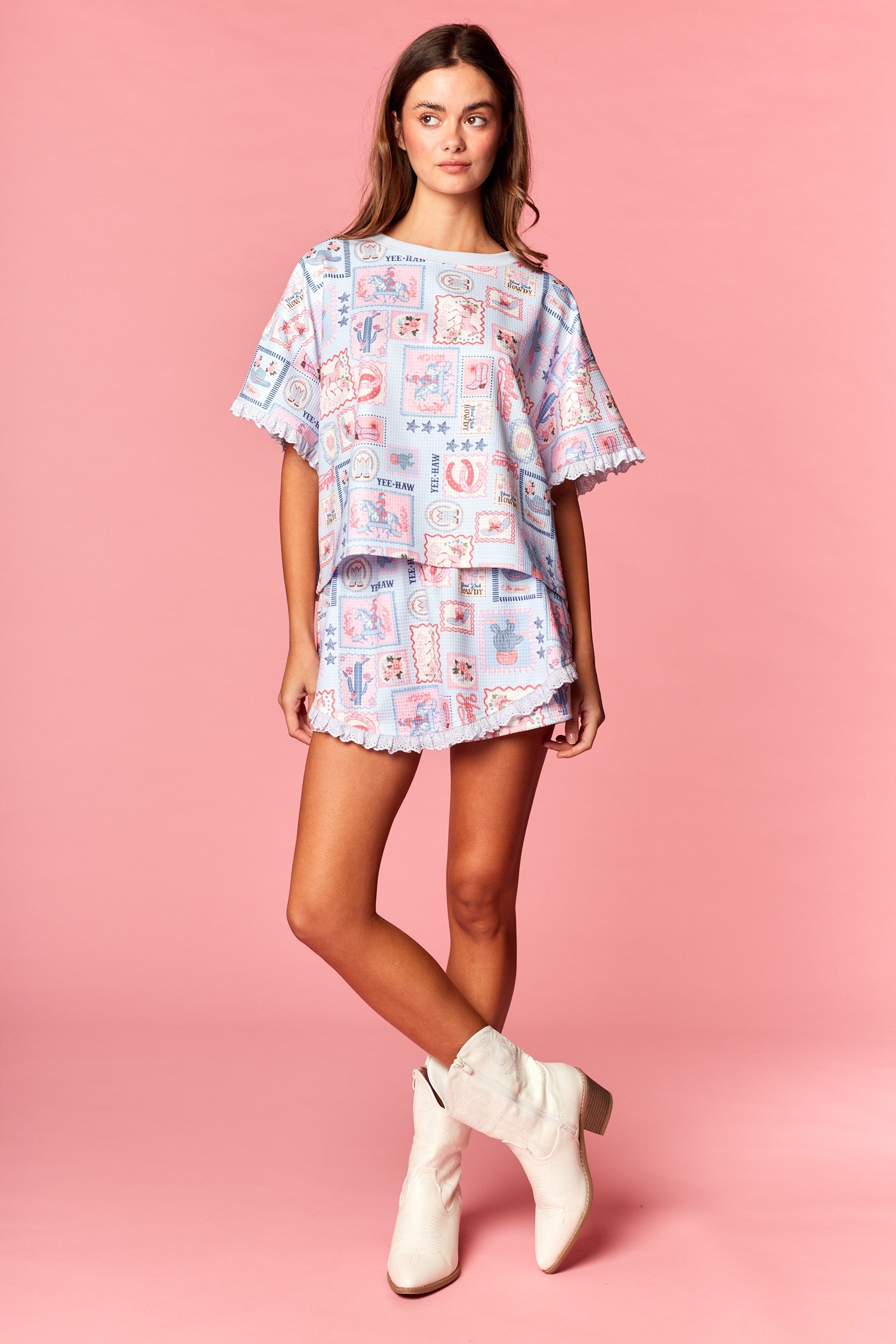 Women’s blue western print, matching top and skort set with hidden 
