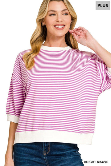 Women’s plus size striped top featuring contrast trim, ribbed banded detailing and soft stretch cotton fabric.